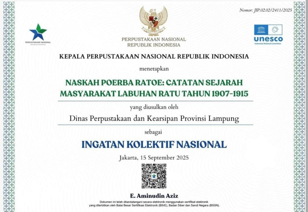 Dua Naskah Kuno Asal Lampung Raih Sertifikat IKON 2025 dari Perpustakaan Nasional RI